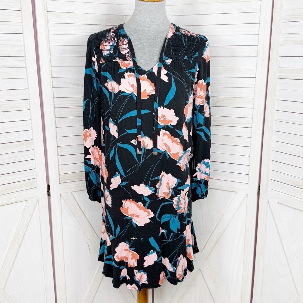 Maeve Anthropologie Ragonda Floral Smocked Shoulder Tunic Shift Dress Black 4